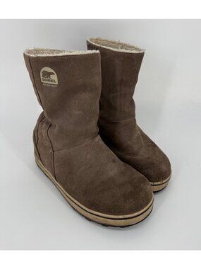 Sorel Boots Womens 8 Glacy Saddle Brown Suede Leather Winter Waterproof Faux Fur